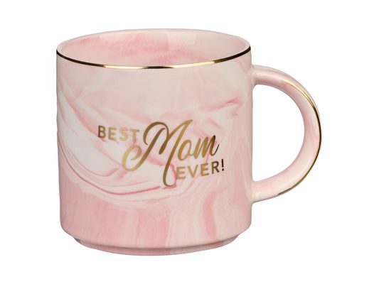 With Love Coffee Mug Best Mom Ever! Pink Marble Swirl Gold Lettering and Rim Accents Inspirational Coffee/Tea Cup for Her Birthday, Mother's Day, Anni