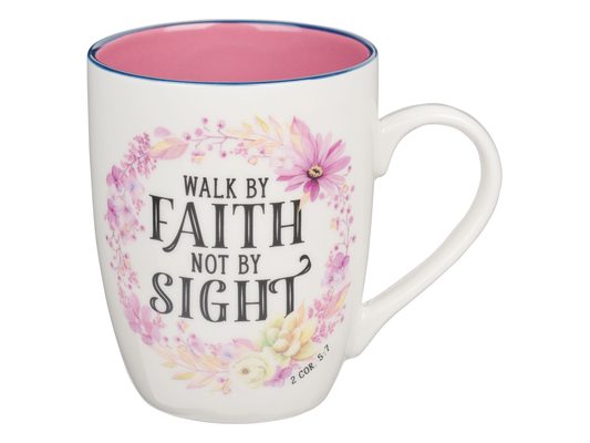 Christian Art Gifts Ceramic Coffee and Tea Mug for Women: Walk by Faith - 2 Cor. 5:7 Inspirational Bible Verse, Pink, 12 Oz.