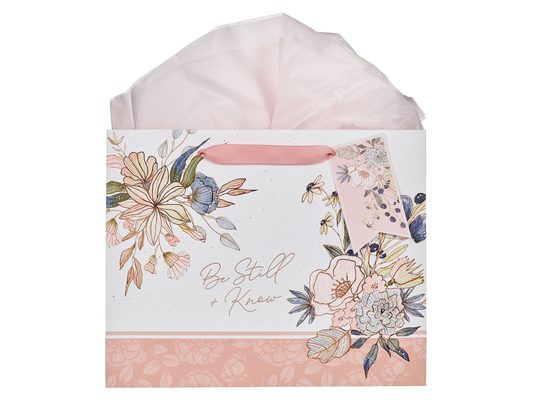 Gift Bag Lg Landscape Pink/Blue Floral Be Still Ps. 46:10
