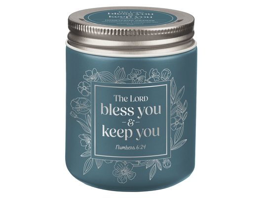 Glass Candle W/Screw Top Lid Blue Bless You and Keep You Num. 6:24