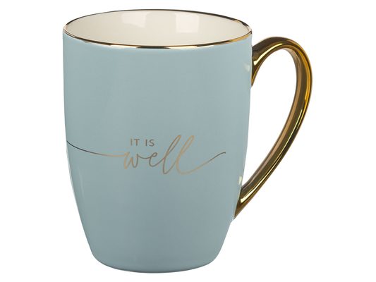 With Love Inspirational Coffee Mug for Women, It Is Well with My Soul, Blue/Cream Medium Ceramic Drinking Cup 12oz.