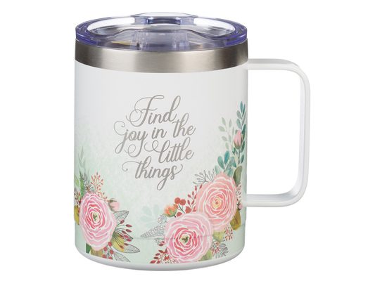 With Love Find Joy in the Little Things - Women's Stainless Steel Camp Style Travel Mug W/Handle & Retractable Lid, Double Wall Vacuum Insulated, All