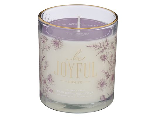 Christian Art Gifts Novelty Inspirational Scripture Glass Jar Candle for Women: Be Joyful Encouraging Bible Verse, Floral Design, Rain Drenched Lotus