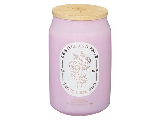 Christian Art Gifts Large Novelty Inspirational Scripture Glass Jar Candle for Women: Be Still & Know Encouraging Bible Verse, Bamboo Wood Lid, Floral