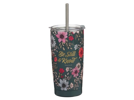 Christian Art Gifts Inspirational Stainless Steel Double Wall Insulated Travel Mug Tumbler for Women: Be Still Encouraging Scripture, Reusable Straw,