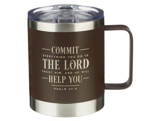 Christian Art Gifts Stainless Steel Double Wall Vacuum Insulated Camp Style Travel Mug W/Handle for Men & Women: Commit to the Lord Inspirational Bibl