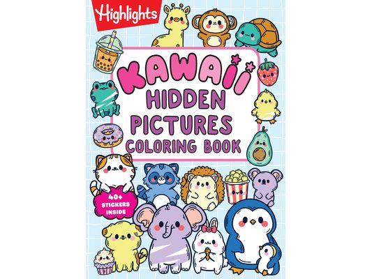 Kawaii Hidden Pictures Coloring Book: Cozy Coloring and Kids Puzzle Book with Over 40 Kawaii Stickers to Decorate, 90-Page Interactive Sticker Activit