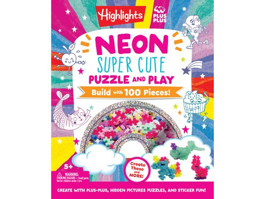 Neon Super Cute Puzzle and Play: Plus-Plus Building Blocks and Hidden Pictures Puzzle Sticker Book Set for Kids 5-9, Create and Personalize with Cute