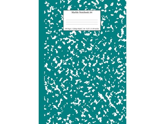 Marble Notebook A4: Teal Marble College Ruled Journal