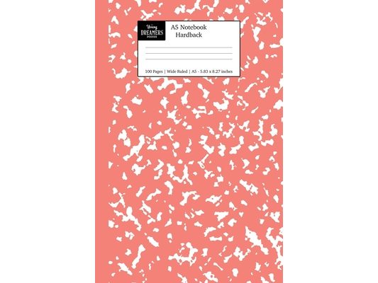 A5 Notebook Hardback: Coral Pink Marble Wide Rule Journal