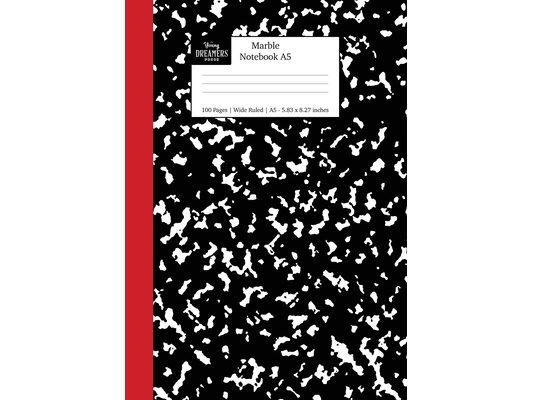 Marble Notebook A5: Black and Red Spine Marble Wide Rule Journal
