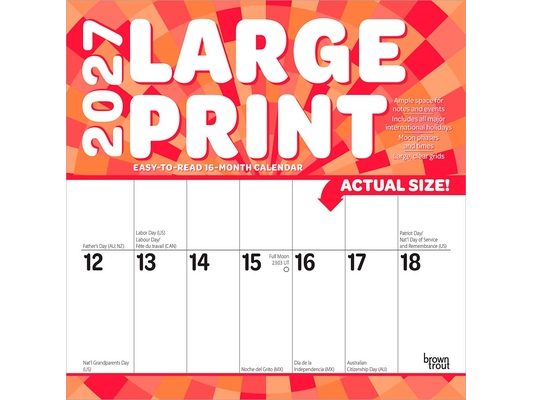 Large Print 2027 12 X 24 Inch (Hanging) Monthly Square Wall Calendar Matte Paper Plastic-Free