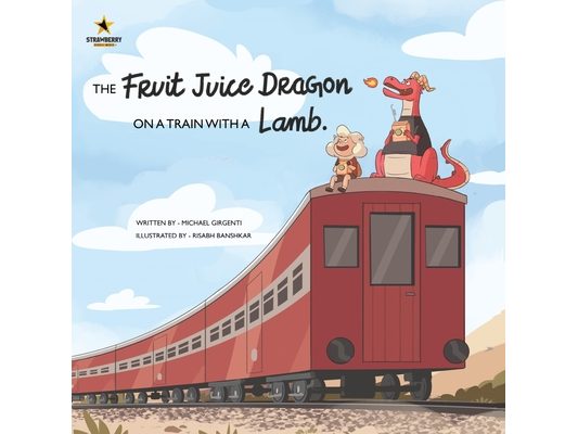 The fruit juice dragon on a train with a lamb.