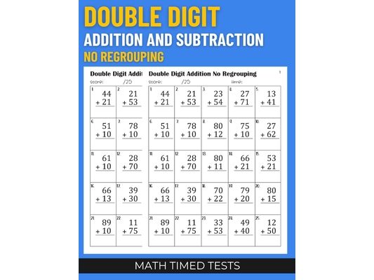 Math Timed Tests: Double Digit Addition and Subtraction No Regrouping